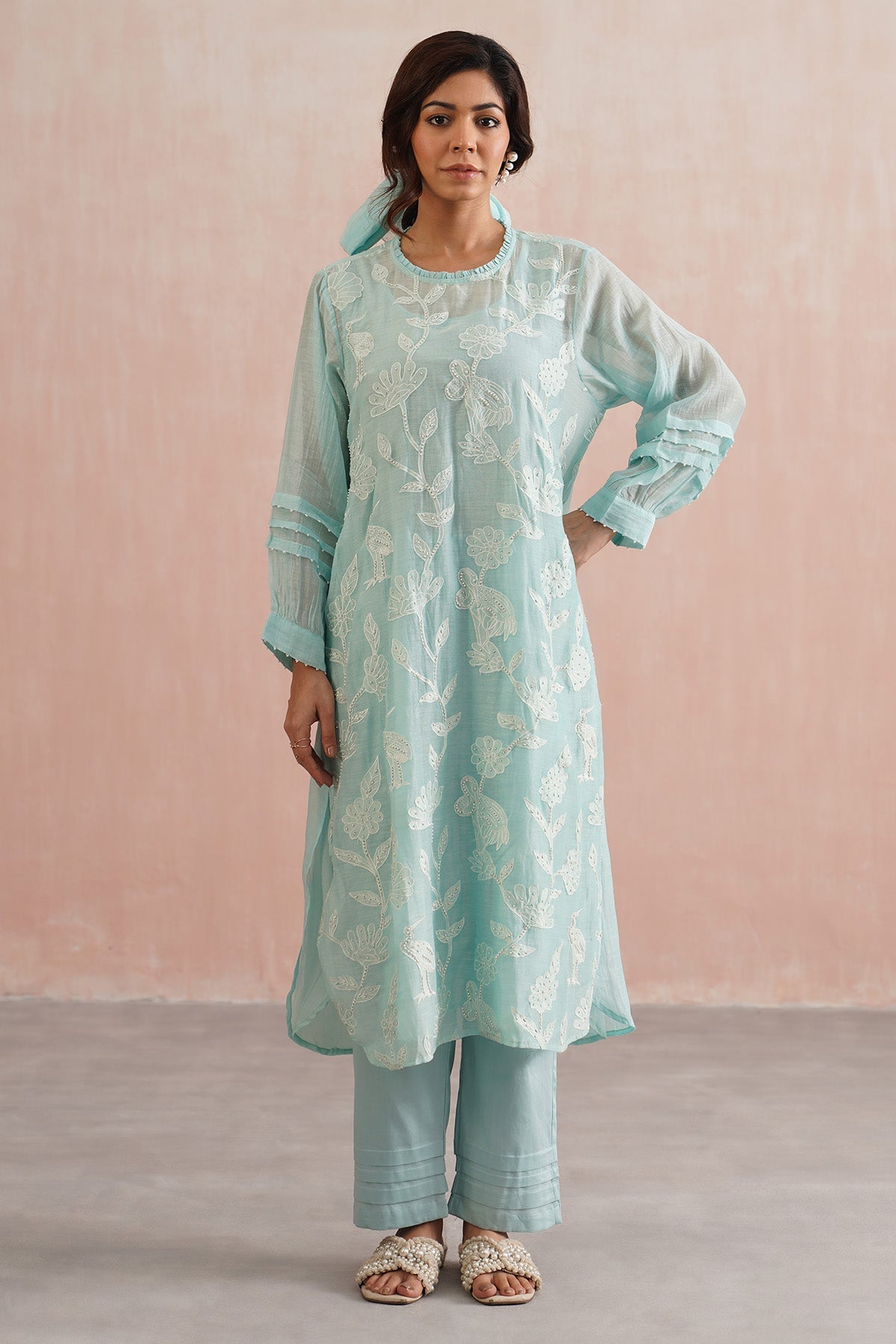 Buy Pale Blue Pleated Co-ord Set for women online available at Scrollnshops